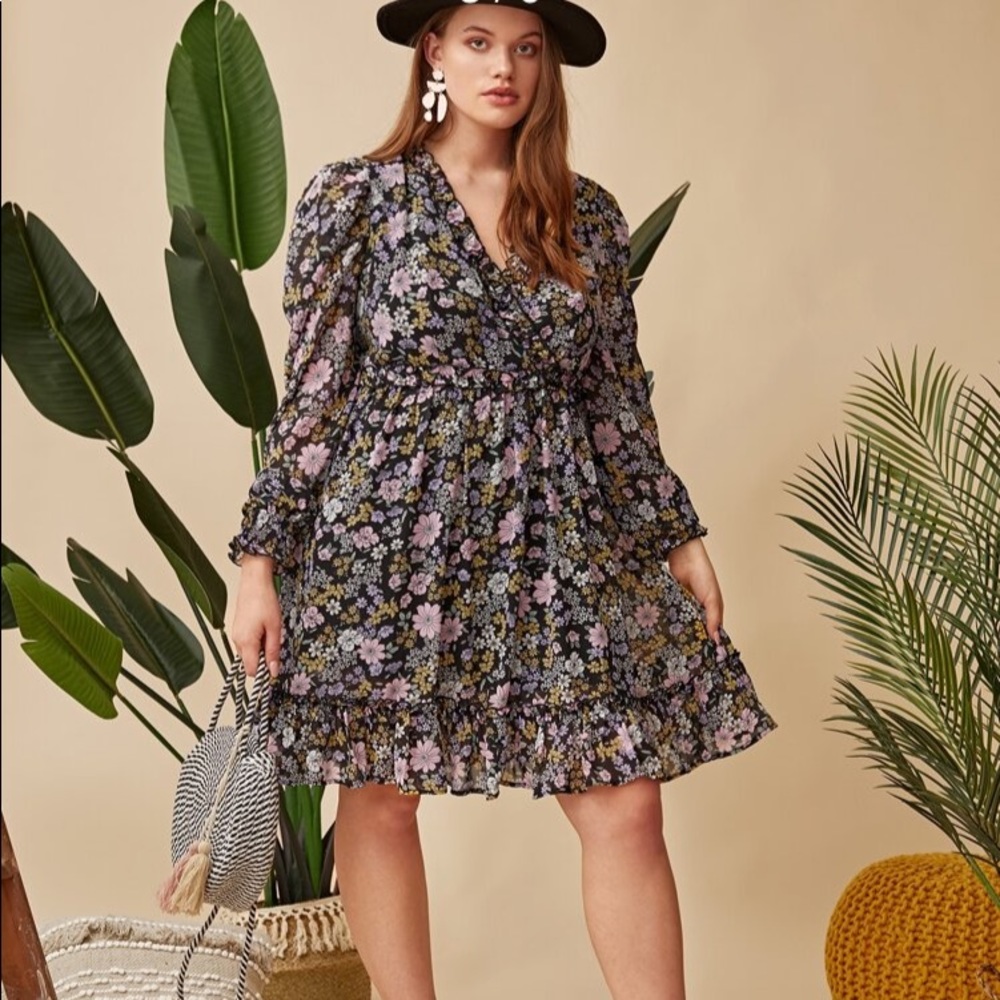 Gigot sleeve ruffle trim dress